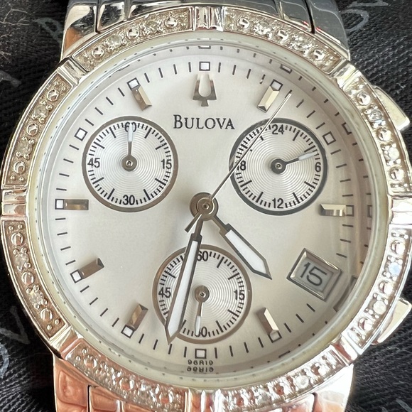 BULOVA Quartz Chronograph Ladies Watch - Stainless Steel w 16 Diamonds - Picture 1 of 15